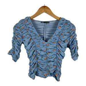 Zara Blue Tulle Floral Print Top Cropped Stretch Size XS 3/4 Sleeves Feminine